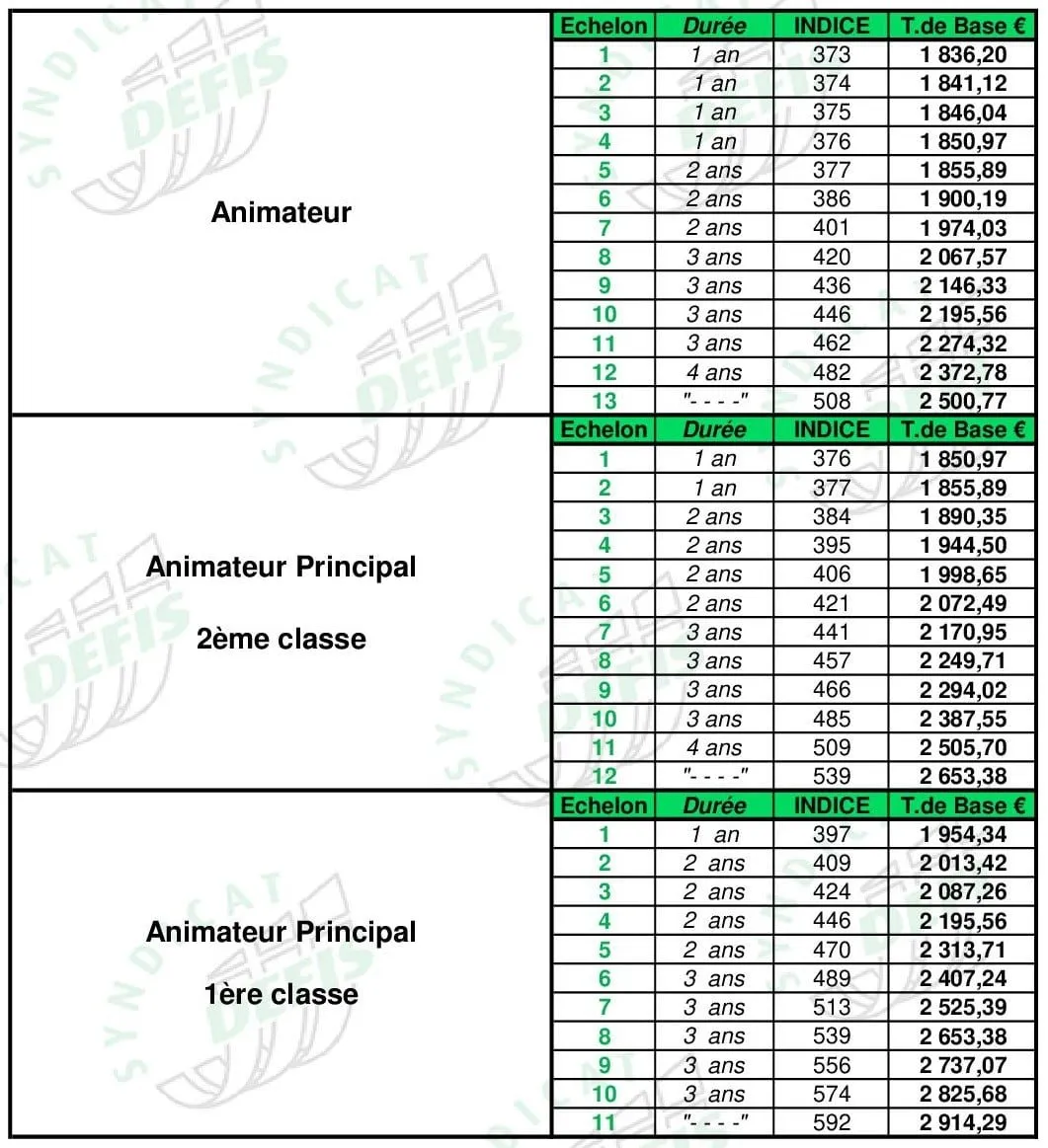 Grille de salaire Animateur : échelons, durées, indices majorés et traitements de base